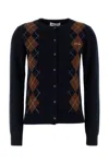 Miu Miu Diamond Knit Cardigan With Ribbed Finish In Blue