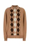 Miu Miu Argyle Pattern Cashmere Polo Pullover In Brown