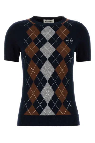 Miu Miu Dark Blue Cashmere Sweater In Multi
