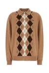 Miu Miu Argyle Pattern Cashmere Polo Pullover In Brown