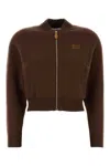 Miu Miu Stretch Cashmere Blend Cardigan With Ribbed Cuffs And Hem In Brown
