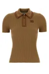 Miu Miu Cashmere Blend Polo Shirt With Ribbed Texture In Brown