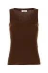 Miu Miu Ribbed Sleeveless Square Neck Cotton Top In Brown