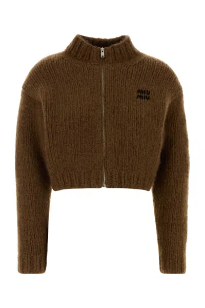 Miu Miu Cashmere Cardigan Cropped High Neck Ribbed In Brown