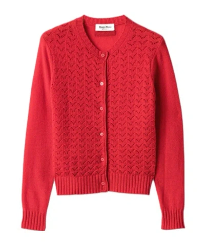 Miu Miu Lace-effect Cashmere Cardigan In Red
