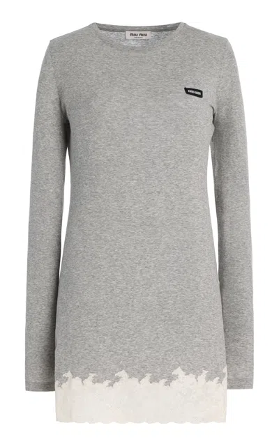 Miu Miu Lace-trimmed Cotton-jersey Mini Dress In Grey