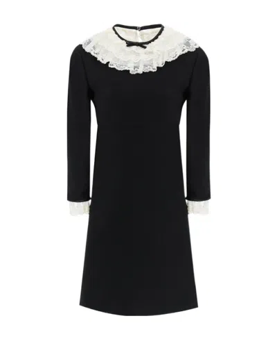 Miu Miu Lace Trimming Long Sleeved Mini Dress In Black