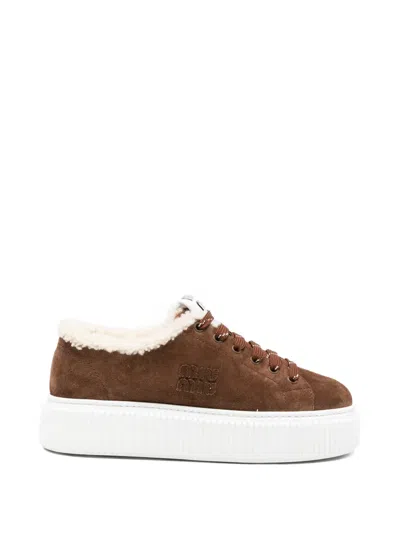 Pre-owned Miu Miu Lace-up Suede Sneakers In Brown