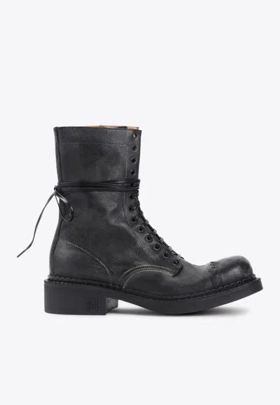 Miu Miu Lace-up Vintage Calf Leather Ankle Boots