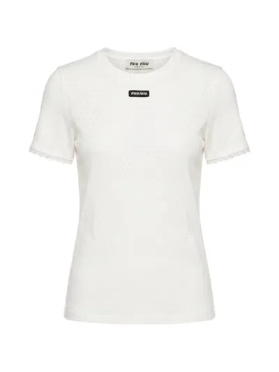 Miu Miu Lace-trim Logo-patch T-shirt In White