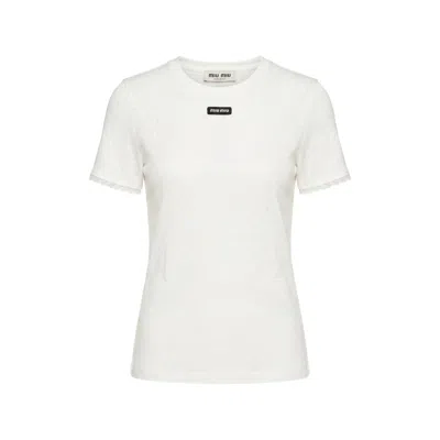 Miu Miu Lace-trim Logo-patch T-shirt In White