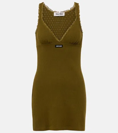 Miu Miu Lace-trimmed Pointelle Cotton Minidress In Green