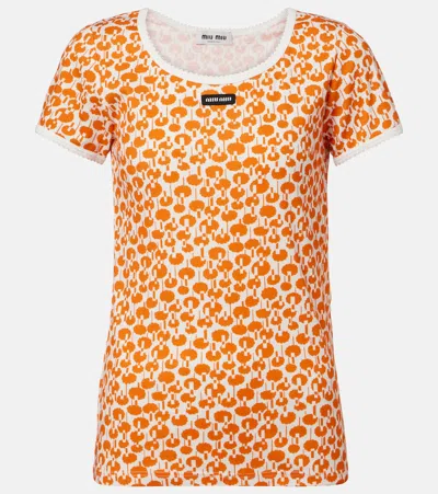 Miu Miu Lace-trimmed Printed Cotton T-shirt In Orange