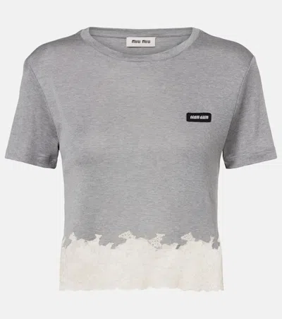 Miu Miu Lace-trimmed Silk Jersey Crop Top In Gray