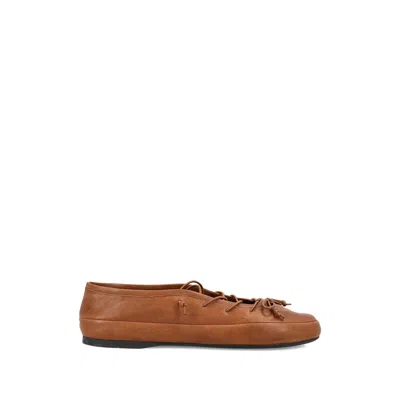Miu Miu Leather Ballerina Shoes Flat Sole Round Toe In Brown