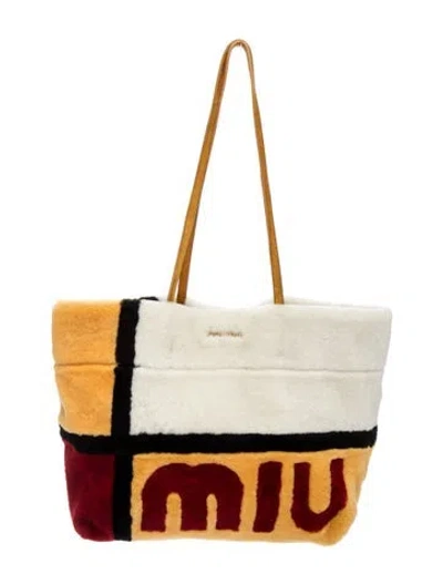Pre-owned Miu Miu Lamb Fur Multicolor Shearling Fur And Suede Logo Colorblock Tote In Neutral