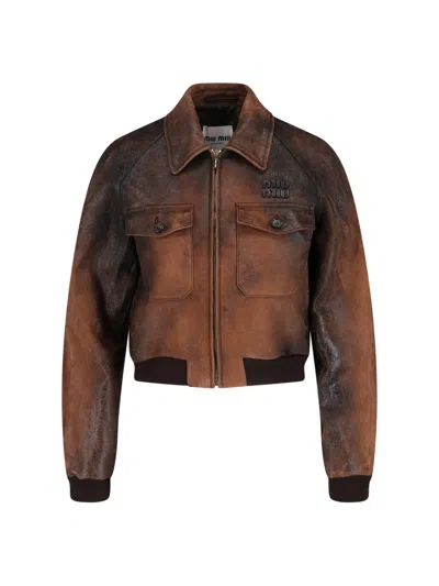 Miu Miu Lamb Leather Jacket In Brown
