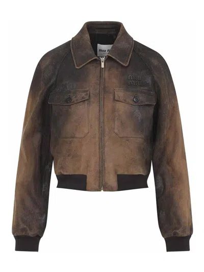 Miu Miu Vintage Leather Zip-up Jacket In Brown