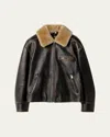 Miu Miu Lamb Shearling Collar Leather Jacket In Black