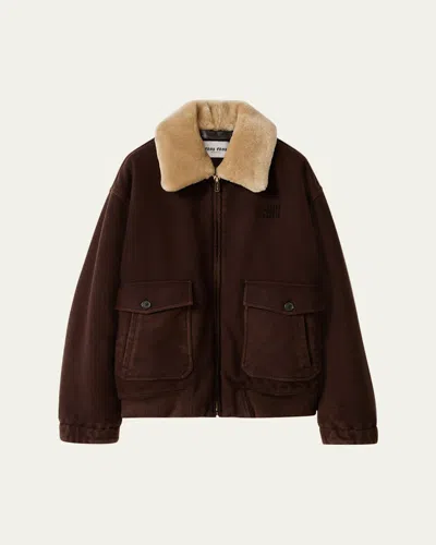 MIU MIU LAMB SHEARLING COLLAR ZIP BARN JACKET