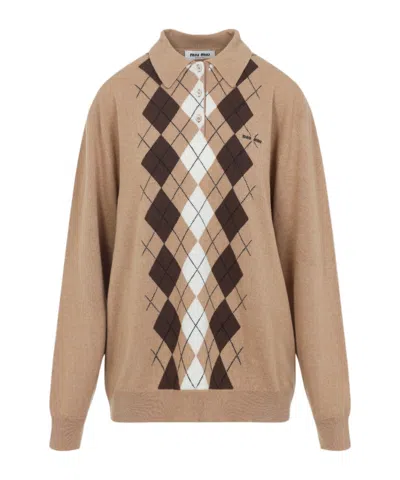 MIU MIU ARGYLE POLO-COLLAR SWEATER