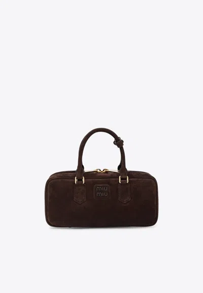 Miu Miu Large Arcadie Suede Shoulder Bag In Brown