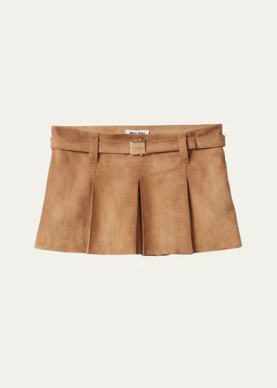 Miu Miu Large Pleated Leather Mini Skirt In F0418 Acero