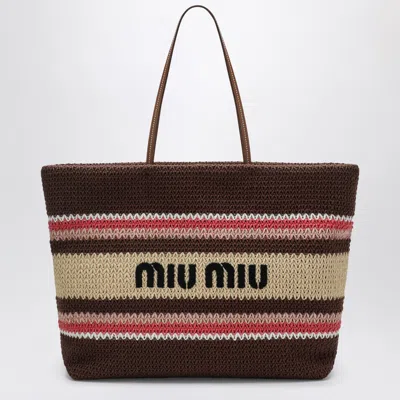 Miu Miu Large Shopping Bag In Raffiaeffect Yarn Tobacco/strawberry/natural