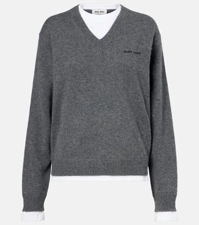 Miu Miu Layered Cashmere Sweater In Gray