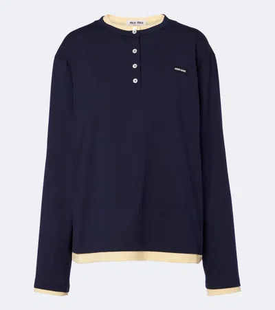 Miu Miu Layered Cotton Jersey Henley Shirt In Blue