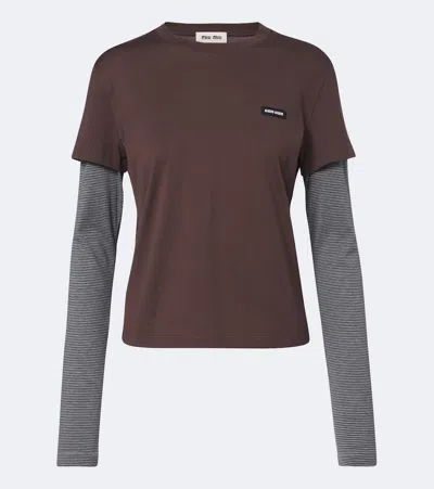 Miu Miu Layered Cotton Jersey T-shirt In Brown