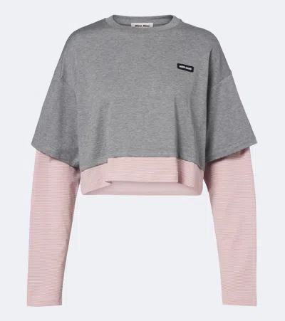 Miu Miu Jersey Cropped Long Sleeve Layered Top In Multi