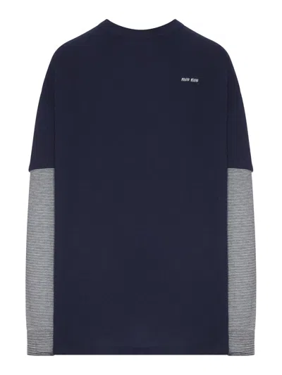 Miu Miu Layered Crew Neck Cashmere Sweater In Blue