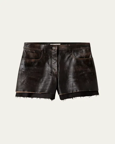 Miu Miu Layered Raw-hem Leather Shorts In Brown