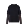 Miu Miu Layered Top With Striped Sleeves And Classic Crew Neckline In Black