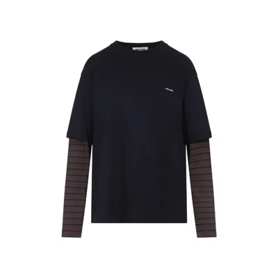 Miu Miu Layered Top With Striped Sleeves And Classic Crew Neckline In Black