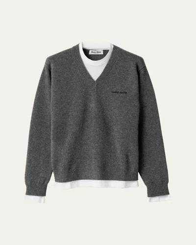 Miu Miu Layered V-neck Cashmere Sweater In Gray