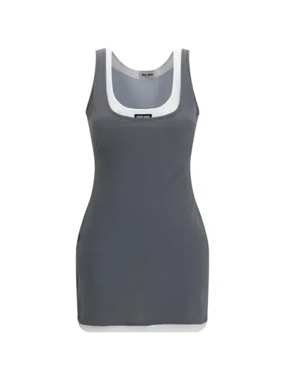 Miu Miu Womens Logo-patch Layered Jersey Mini Dress Bleu In Gray