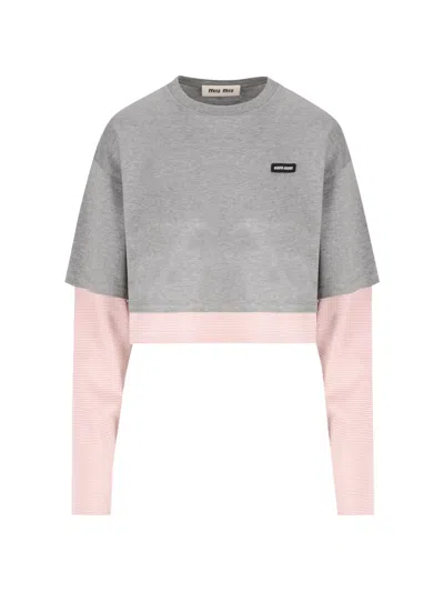 Miu Miu Layered-sleeve Cropped T-shirt In Grey