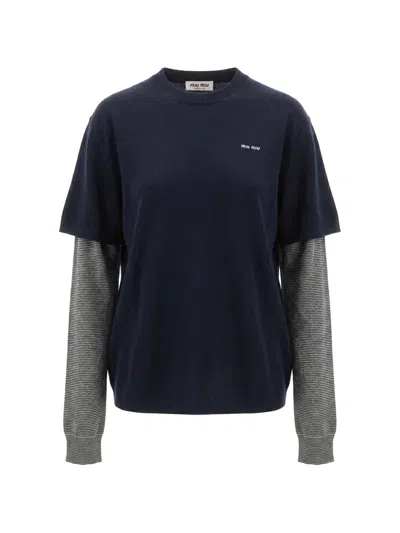 Miu Miu Layered-sleeve Logo-embroidered Jumper In Blue