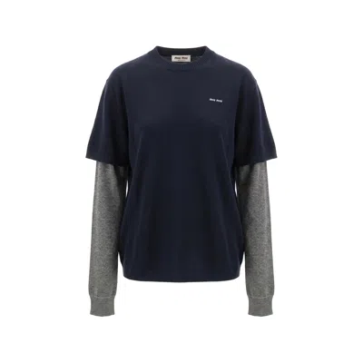 Miu Miu Layered-sleeve Logo-embroidered Sweater In Blue