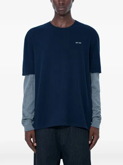 Miu Miu Layered-sleeve Logo-motif Jumper In Blue