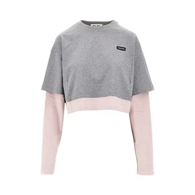 Miu Miu Jersey Cropped Long Sleeve Layered Top In Multi