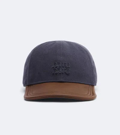 Miu Miu Leather And Cotton Gabardine Baseball Cap In Blue