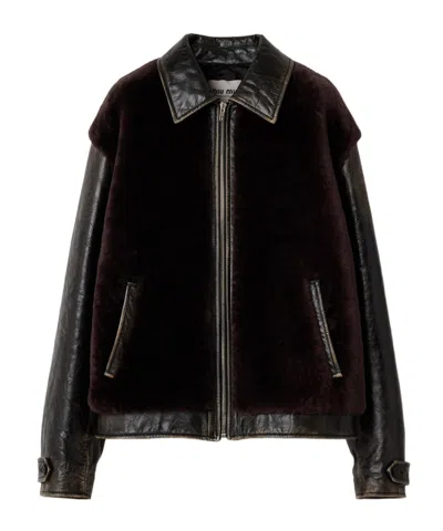 Miu Miu Leather And Shearling Blouson Jacket In Black