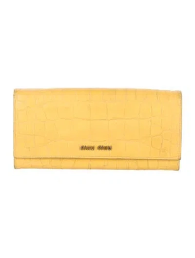 Pre-owned Miu Miu Leather Animal Print Continental Wallet In Yellow