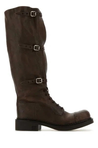 Miu Miu Leather Ankle Boots In Brown