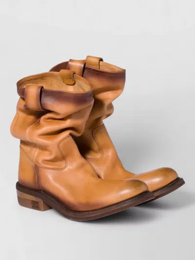 MIU MIU LEATHER ANKLE BOOTS ROUND TOE PULL TAB