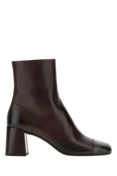 Miu Miu Leather Ankle Boots With 7 Cm Heel In Brown
