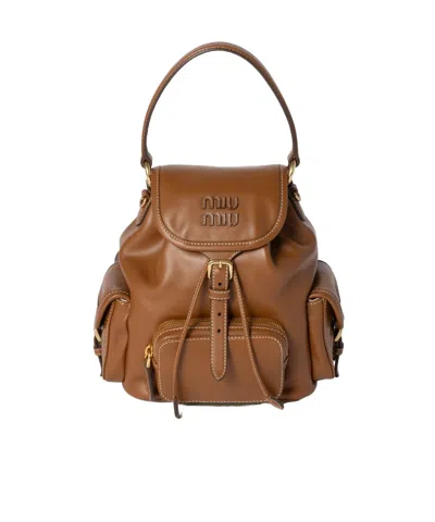 Miu Miu Leather Backpack In Brown
